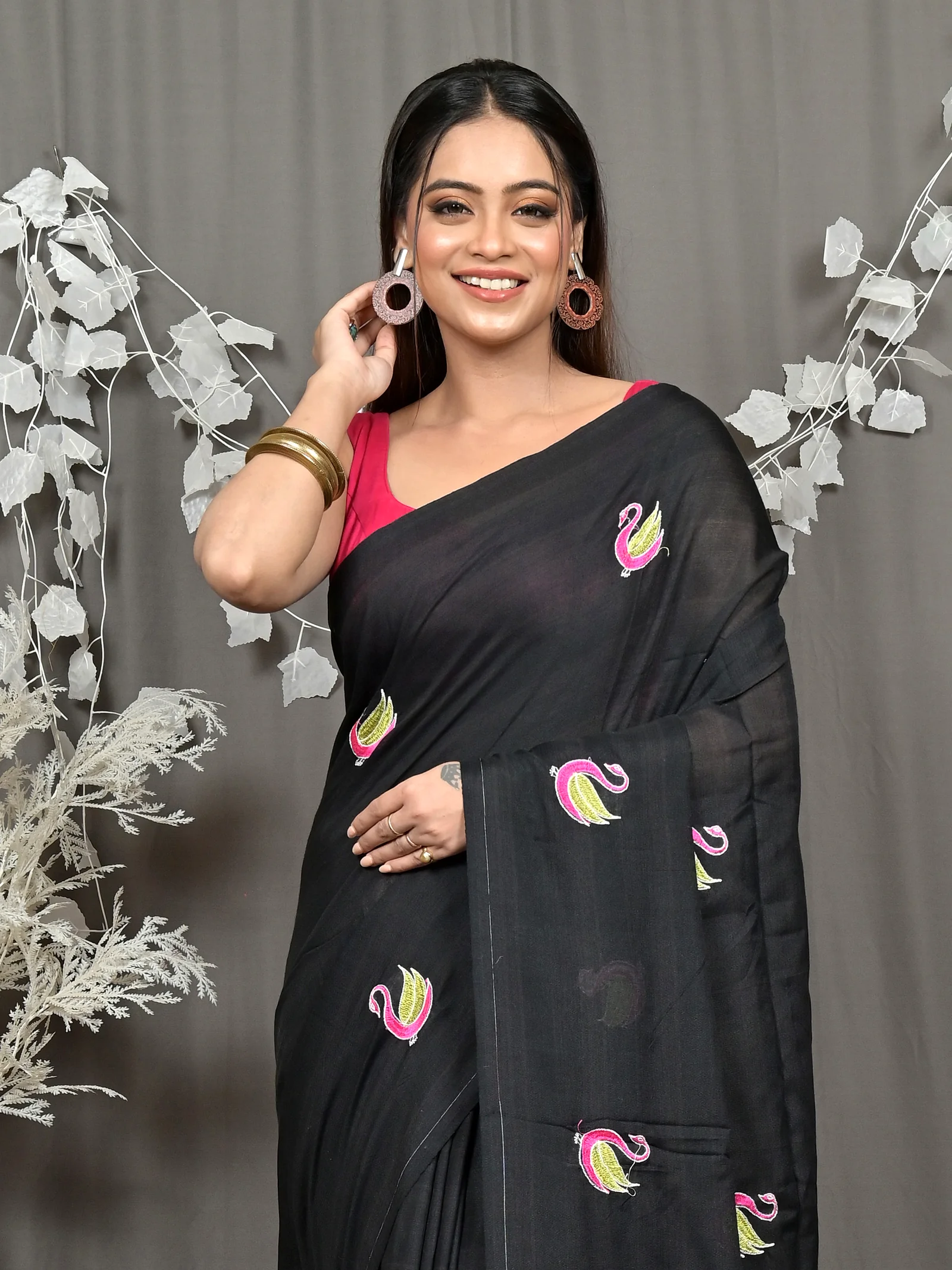 Black Pure Cotton Norvi Embroidery Handloom saree (2284)